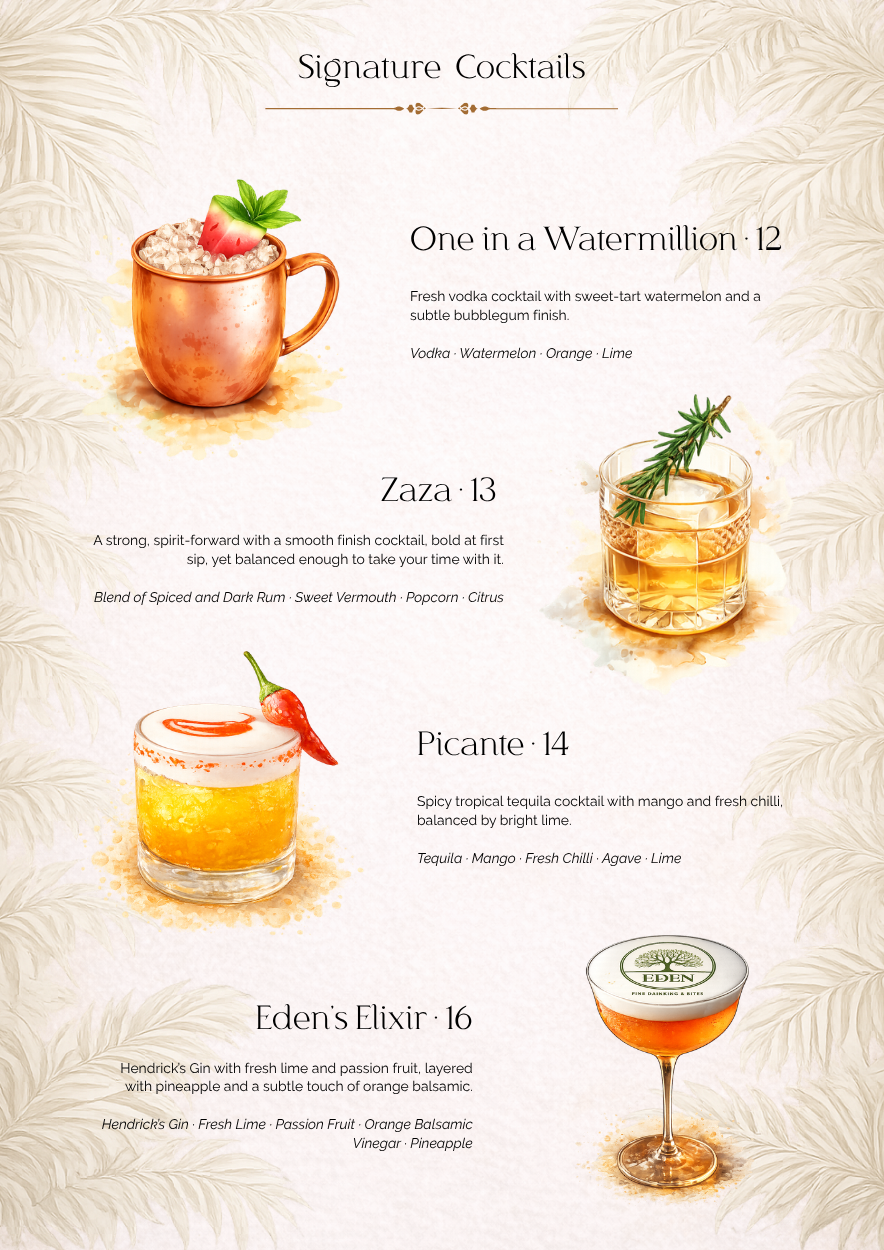 Cocktails and spirits menu